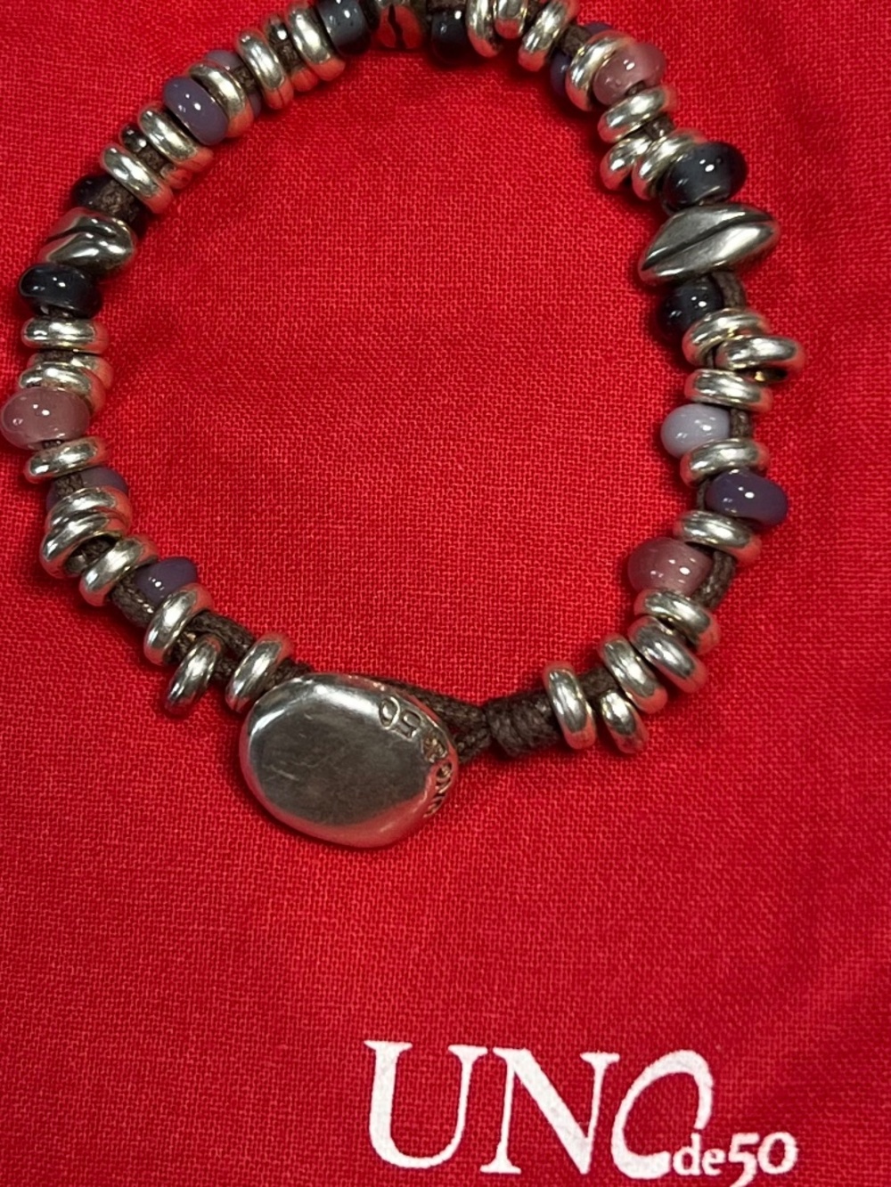 Authentic Uno de 50 brown leather silver and stone bracelet 7.5”